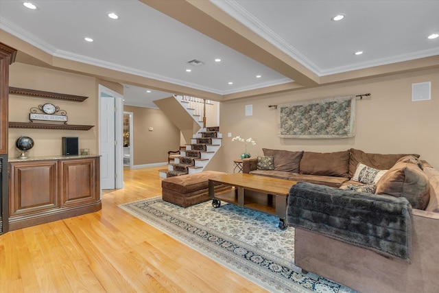7 Tuxedo Dr, Melville, NY 11747 - living area with stairs, ornamental molding, light wood-type flooring, recessed lighting, and baseboards