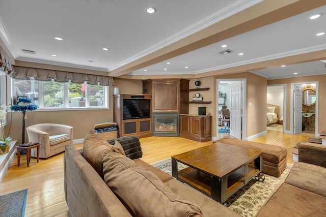 7 Tuxedo Dr, Melville, NY 11747 - living area with ornamental molding, light wood-type flooring, recessed lighting, and baseboards
