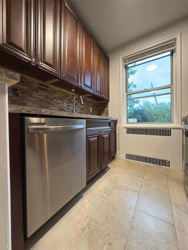 kitchen featuring stainless steel dishwasher, radiator heating unit, tasteful backsplash, and dark brown cabinetry