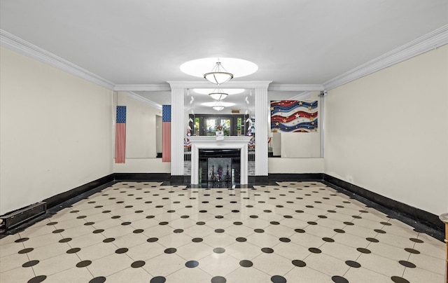 67-71 Yellowstone Blvd Unit 3-L, Forest Hills, NY 11375 - unfurnished living room with baseboards, crown molding, and a fireplace