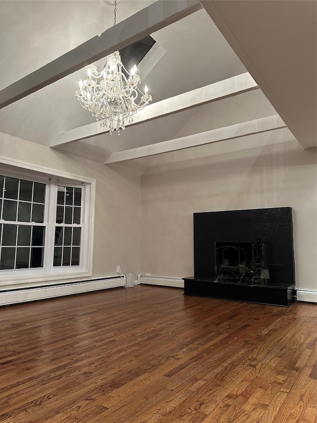 107 Norwood Ave, Northport, NY 11768 - unfurnished living room featuring a chandelier, wood finished floors, a baseboard radiator, and a fireplace with raised hearth
