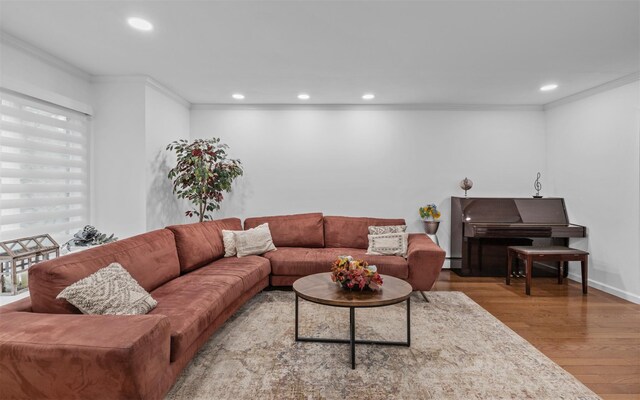 94 Stonehurst Ln, Dix Hills, NY 11746 - living area with ornamental molding, wood finished floors, recessed lighting, a baseboard radiator, and baseboards
