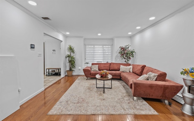 94 Stonehurst Ln, Dix Hills, NY 11746 - living area with ornamental molding, hardwood / wood-style floors, recessed lighting, baseboards, and baseboard heating