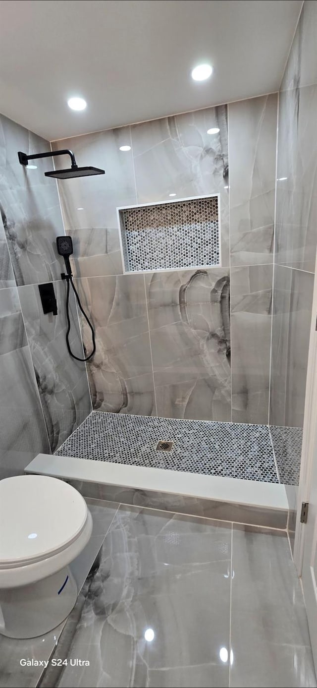 151 Boylston St, Hempstead, NY 11550 - bathroom featuring walk in shower, recessed lighting, toilet, and marble finish flooring