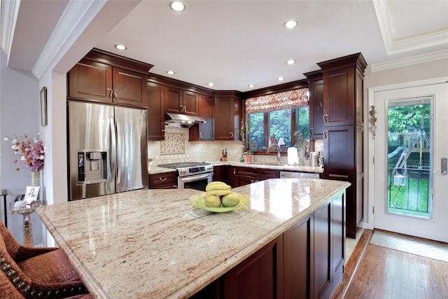 kitchen with stainless steel appliances, a sink, ornamental molding, under cabinet range hood, and light stone counters