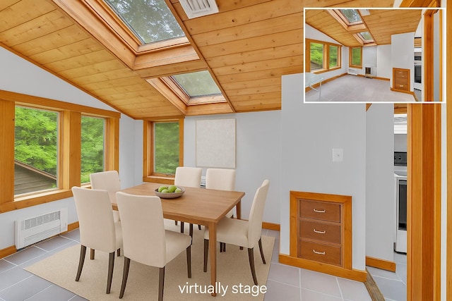 3893 Rte 82, Millbrook, NY 12545 - dining room with a skylight, wood ceiling, vaulted ceiling, plenty of natural light, and light tile patterned floors