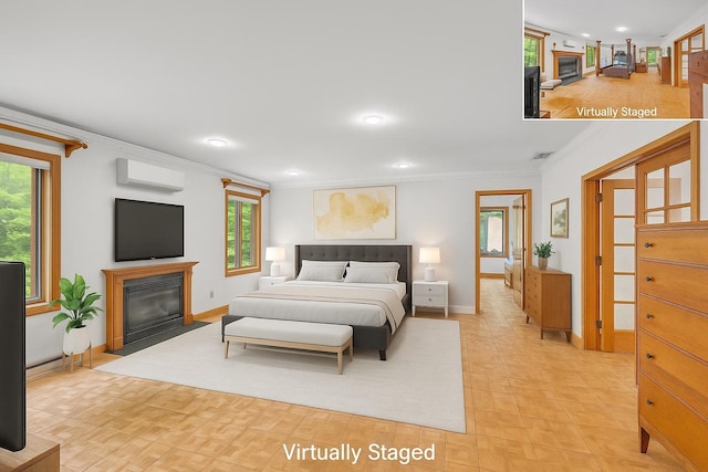3893 Rte 82, Millbrook, NY 12545 - bedroom with crown molding, an AC wall unit, multiple windows, baseboards, and recessed lighting
