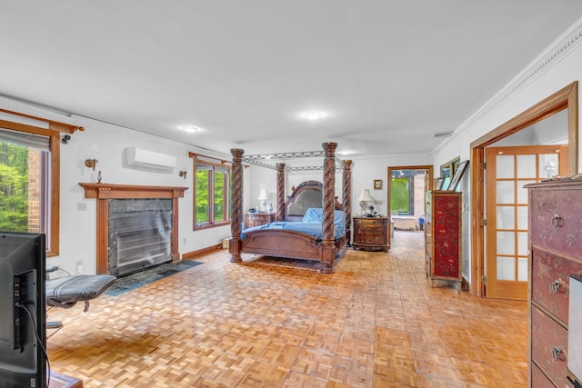 3893 Rte 82, Millbrook, NY 12545 - bedroom with a wall mounted AC, ornamental molding, a fireplace, and baseboards
