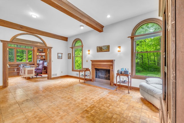 3893 Rte 82, Millbrook, NY 12545 - living room featuring beamed ceiling, baseboards, a desk, a fireplace, and recessed lighting