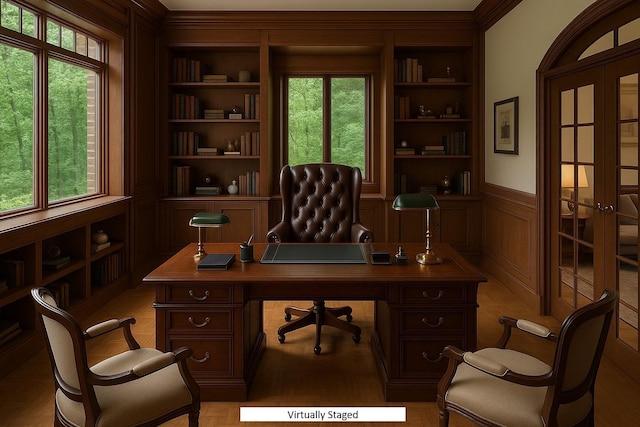3893 Rte 82, Millbrook, NY 12545 - home office with built in features, wainscoting, french doors, and crown molding