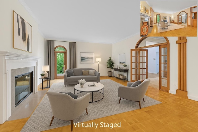 3893 Rte 82, Millbrook, NY 12545 - living room with a fireplace with flush hearth, ornamental molding, french doors, and baseboards
