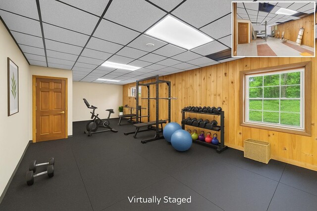 3893 Rte 82, Millbrook, NY 12545 - workout area with wood walls, baseboards, and a drop ceiling