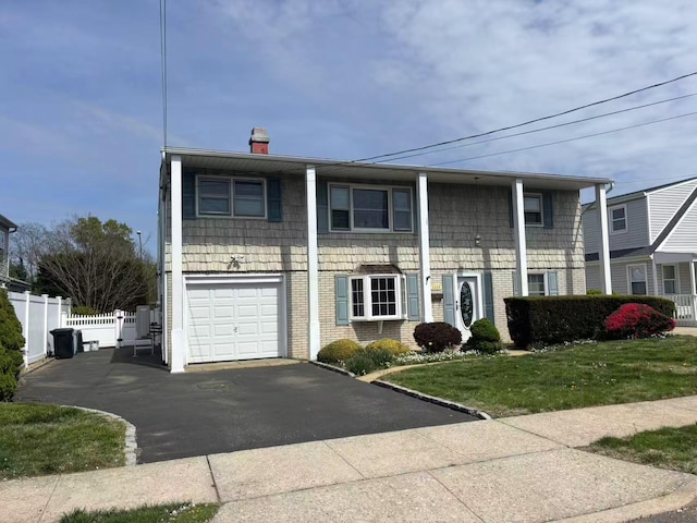 2333 Beech St, Wantagh, NY 11793 - view of front of house with a chimney, asphalt driveway, a garage, and brick siding