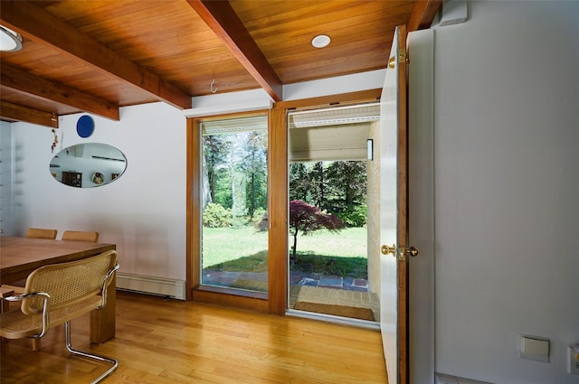 1 Ridge Rd, Tuxedo Park, NY 10987 - entryway with beam ceiling, light wood-style floors, a baseboard radiator, and wooden ceiling