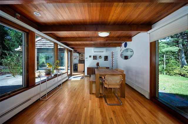 1 Ridge Rd, Tuxedo Park, NY 10987 - dining room featuring a baseboard radiator, baseboard heating, a wall mounted air conditioner, wooden ceiling, and plenty of natural light