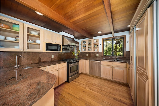 1 Ridge Rd, Tuxedo Park, NY 10987 - kitchen with appliances with stainless steel finishes, extractor fan, a sink, wood ceiling, and beamed ceiling