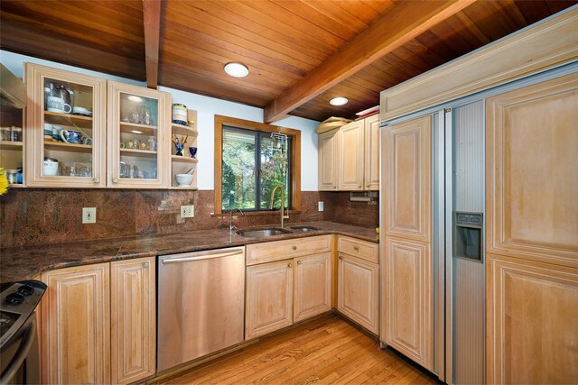 1 Ridge Rd, Tuxedo Park, NY 10987 - kitchen with appliances with stainless steel finishes, light wood finished floors, beam ceiling, a sink, and light brown cabinetry