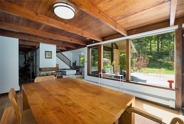 1 Ridge Rd, Tuxedo Park, NY 10987 - unfurnished dining area with beam ceiling, wood ceiling, plenty of natural light, stairway, and a baseboard heating unit