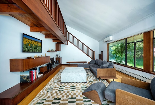 1 Ridge Rd, Tuxedo Park, NY 10987 - living area featuring a wall mounted air conditioner, baseboard heating, wood finished floors, stairs, and vaulted ceiling