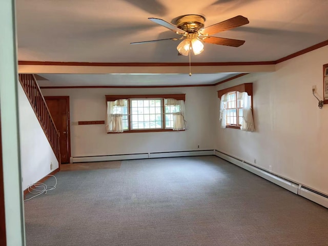 2090 Post St, East Meadow, NY 11554 - unfurnished room with a ceiling fan, stairway, ornamental molding, and carpet flooring
