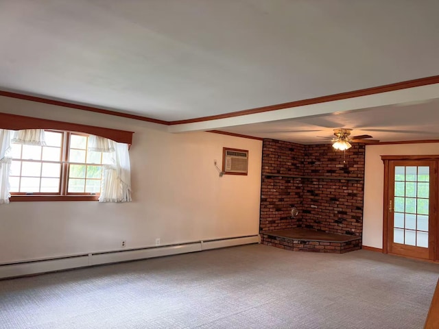 2090 Post St, East Meadow, NY 11554 - carpeted empty room featuring a baseboard heating unit, a wall mounted AC, crown molding, and a ceiling fan