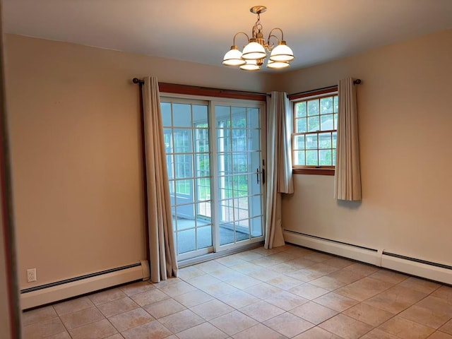 2090 Post St, East Meadow, NY 11554 - doorway to outside featuring a baseboard radiator, a chandelier, and light tile patterned flooring