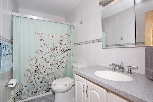 29 Park Ter, Valley Cottage, NY 10989 - bathroom with backsplash, toilet, a shower with shower curtain, tile walls, and vanity