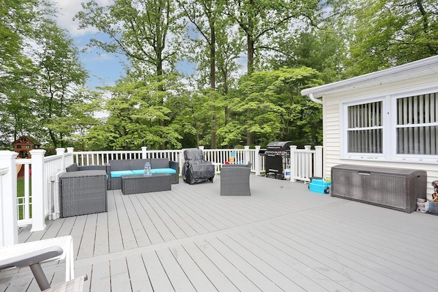 29 Park Ter, Valley Cottage, NY 10989 - wooden deck with an outdoor hangout area, view of wooded area, and grilling area