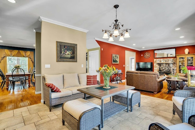 255 Seneca Ave, Dix Hills, NY 11746 - living area with ornamental molding, a chandelier, recessed lighting, baseboards, and stone tile flooring