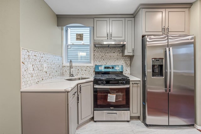 107-30 156th St, Jamaica, NY 11433 - kitchen with stainless steel appliances, under cabinet range hood, gray cabinets, a sink, and light countertops