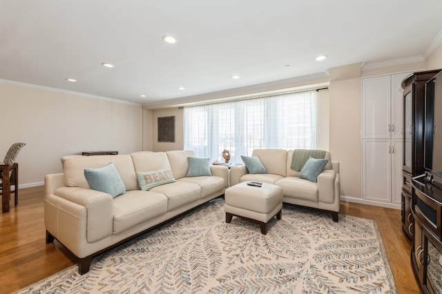 260 W Broadway Unit 2B, Long Beach, NY 11561 - living room featuring ornamental molding, light wood-type flooring, and recessed lighting
