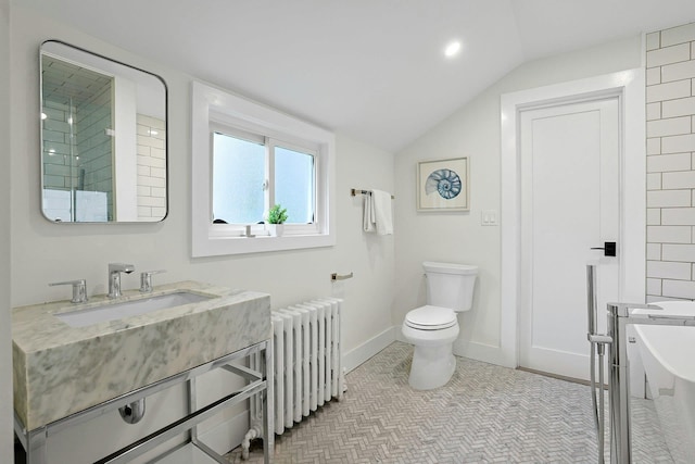 92 Glenwood Ave, New Rochelle, NY 10801 - bathroom featuring radiator heating unit, vanity, vaulted ceiling, a bathtub, and recessed lighting
