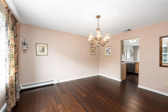 84 Autumn Dr, Poughkeepsie, NY 12603 - unfurnished room with a baseboard radiator, a chandelier, dark wood-type flooring, and baseboards