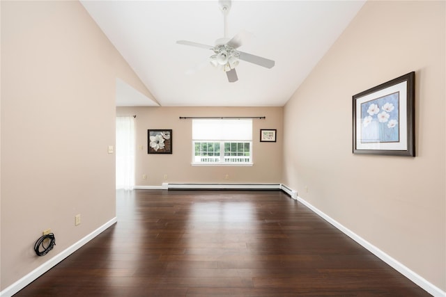 84 Autumn Dr, Poughkeepsie, NY 12603 - empty room featuring lofted ceiling, baseboard heating, ceiling fan, dark wood finished floors, and baseboards