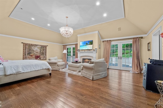 7 Ridgeview Cir, Armonk, NY 10504 - bedroom with french doors, access to outside, wood finished floors, crown molding, and a chandelier