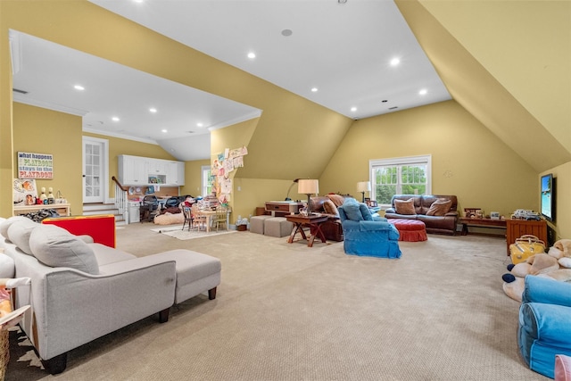 7 Ridgeview Cir, Armonk, NY 10504 - living room with light colored carpet, lofted ceiling, and recessed lighting