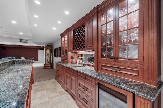 7 Ridgeview Cir, Armonk, NY 10504 - indoor wet bar featuring recessed lighting, light carpet, crown molding, and arched walkways