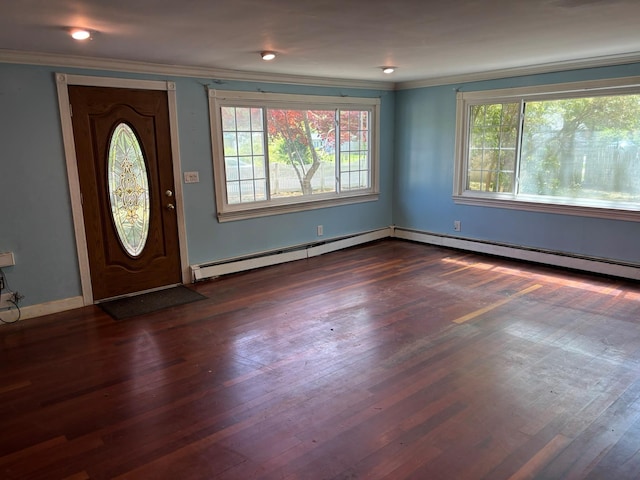212 Longfellow Dr, Mastic Beach, NY 11951 - entrance foyer with ornamental molding, dark wood-style floors, baseboard heating, and baseboards