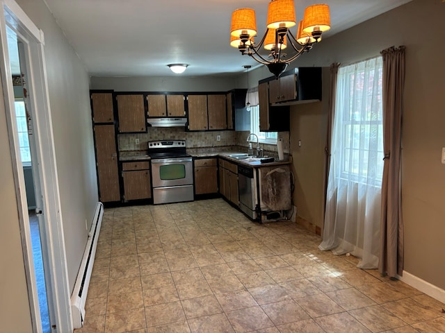 212 Longfellow Dr, Mastic Beach, NY 11951 - kitchen featuring appliances with stainless steel finishes, under cabinet range hood, a sink, dark countertops, and tasteful backsplash
