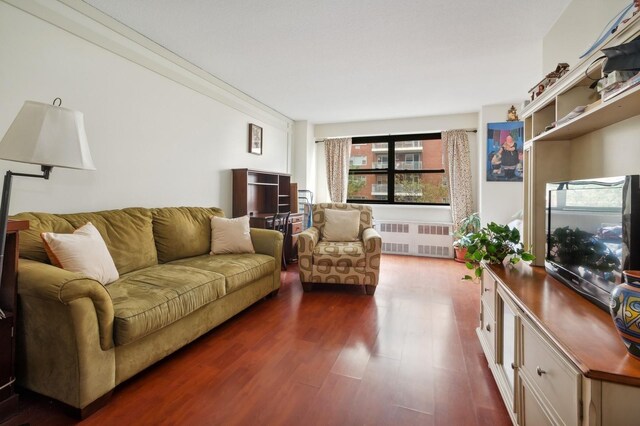39-60 54th St Unit 3B, Woodside, NY 11377 - living room with radiator and dark wood-style floors