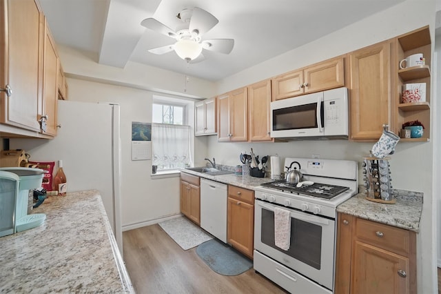 135 Highland Ave S Unit D1, Ossining, NY 10562 - kitchen featuring white appliances, light wood-type flooring, a ceiling fan, open shelves, and a sink
