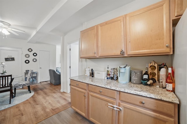 135 Highland Ave S Unit D1, Ossining, NY 10562 - kitchen with a ceiling fan, light brown cabinets, light wood-type flooring, and light stone counters