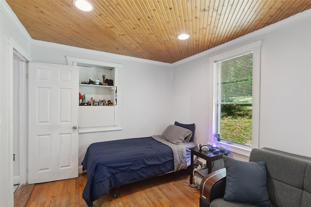 21 Wagon Ln, Brewster, NY 10509 - bedroom with crown molding, wood-type flooring, multiple windows, recessed lighting, and wood ceiling