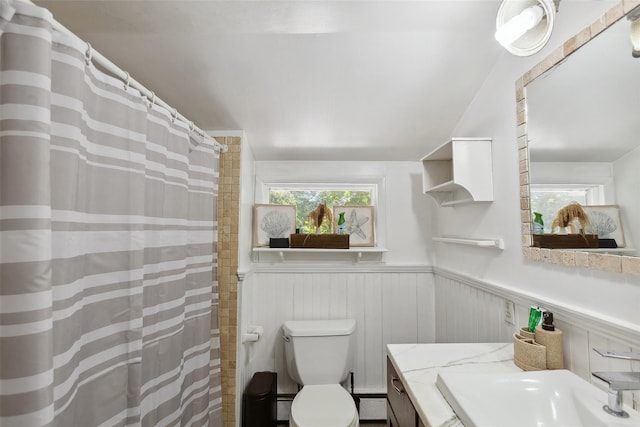 21 Wagon Ln, Brewster, NY 10509 - bathroom with a wainscoted wall, vanity, toilet, and a shower with shower curtain