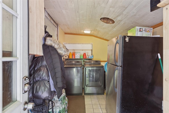 21 Wagon Ln, Brewster, NY 10509 - laundry area featuring washer and dryer, light tile patterned floors, and wooden ceiling