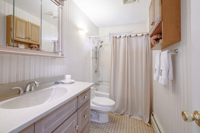 full bathroom with wallpapered walls, toilet, tile patterned floors, a baseboard radiator, and vanity