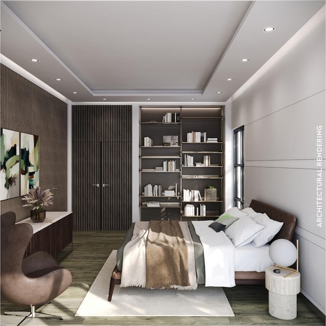 43 Old Orchard Ln, East Hampton, NY 11937 - bedroom featuring wood finished floors, a tray ceiling, and recessed lighting