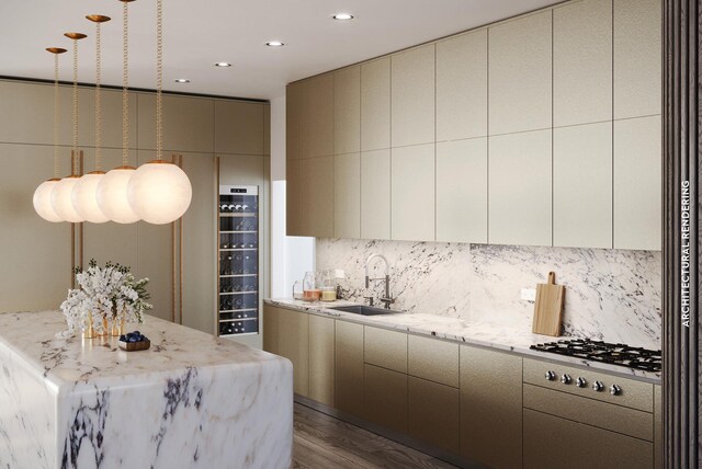 43 Old Orchard Ln, East Hampton, NY 11937 - kitchen featuring a sink, modern cabinets, recessed lighting, white gas cooktop, and backsplash
