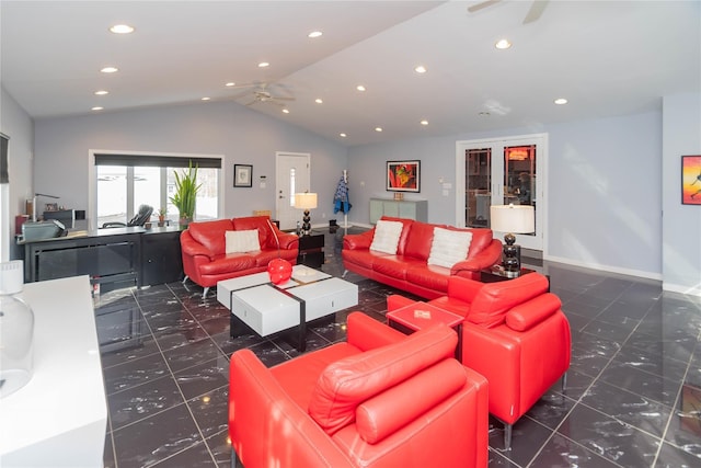 129 Boardman Rd, Poughkeepsie, NY 12603 - living area featuring a ceiling fan, lofted ceiling, recessed lighting, tile patterned floors, and baseboards