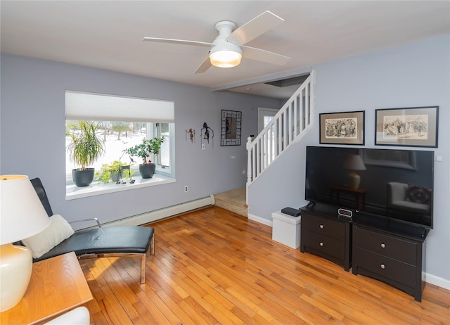129 Boardman Rd, Poughkeepsie, NY 12603 - sitting room featuring a baseboard heating unit, stairway, a ceiling fan, light wood finished floors, and baseboards